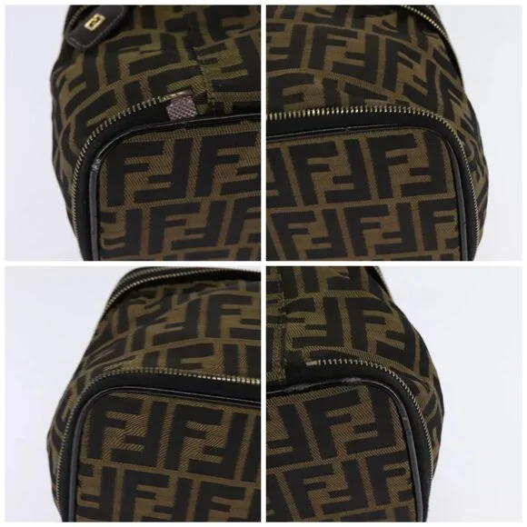 FENDI Zucca Canvas Vanity Pouch Black Brown gold Auth 145319
